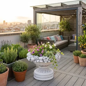 Jardinière de Jardin de Luxe à Coupe sur Piédestal avec Guirlande de Fruits Sculptée - Jardinières de Luxe Vue lifestyle par Luxury Group International