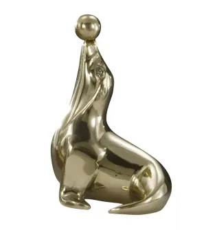 Luxury Performing Seal Bronze Sculpture with Ball in Golden Finish Front View by Luxury Group International