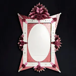 Miroir Mural de Luxe Couronne Florale Rose avec Centre Ovale & Bordure à Clous en Cristal Vue de face par Luxury Group International