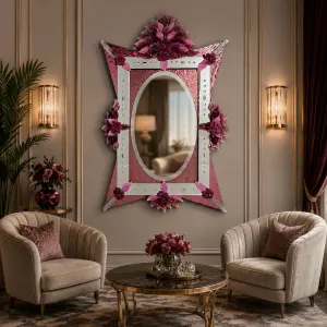 Miroir Mural de Luxe Couronne Florale Rose avec Centre Ovale & Bordure à Clous en Cristal Vue lifestyle par Luxury Group International