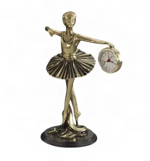 Luxury Poised Ballerina Bronze Sculpture with Side-Held Clock on Wooden Base - Luxury Bronze Figure Front View by Luxury Group International
