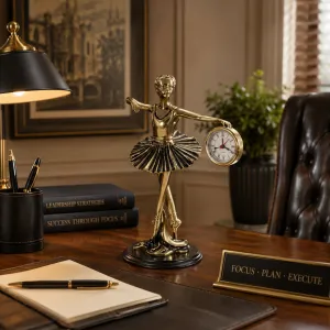 Luxury Poised Ballerina Bronze Sculpture with Side-Held Clock on Wooden Base - Luxury Bronze Figure Lifestyle View by Luxury Group International