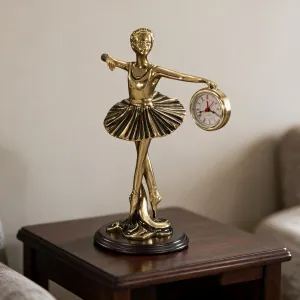 Luxury Poised Ballerina Bronze Sculpture with Side-Held Clock on Wooden Base - Luxury Bronze Figure Lifestyle View by Luxury Group International