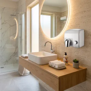 Luxury Push Button Hand Dryer with Anti-Vandal Stainless Steel Body Lifestyle View by Luxury Group International