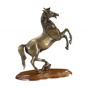 Luxus Bronze Skulptur eines aufbäumenden Pferdes auf Holzsockel Vorderansicht von Luxury Group International