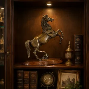 Luxus Bronze Skulptur eines aufbäumenden Pferdes auf Holzsockel Lifestyle-Ansicht von Luxury Group International