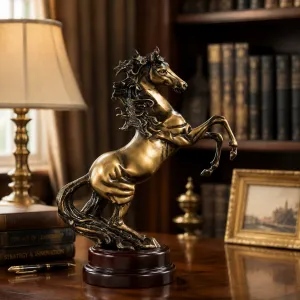 Luxus Bronze Skulptur eines aufbäumenden Pferdes mit Flammenmähne auf rundem Holzsockel Lifestyle-Ansicht von Luxury Group International