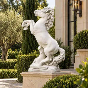Sculpture de Jardin Cheval Cabré de Luxe avec Crinière Flottante - Sculpture Classique de Luxe Vue lifestyle par Luxury Group International