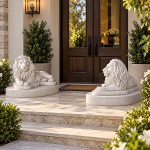 Coppia di Leoni Sdraiati di Lusso in Scultura da Giardino in Graniglia di Marmo di Carrara Bianco - Scultura Classica di Lusso Vista lifestyle di Luxury Group International
