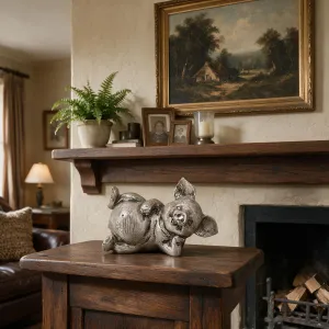 Luxury Reclining Pig Bronze Sculpture with Playful Expression - Luxury Bronze Figure Lifestyle View by Luxury Group International