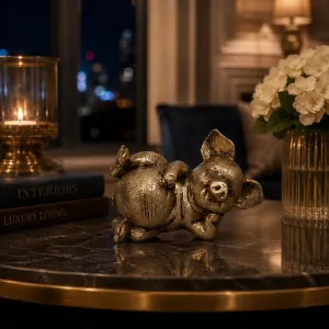 Luxury Reclining Pig Bronze Sculpture with Playful Expression - Luxury Bronze Figure Lifestyle View by Luxury Group International