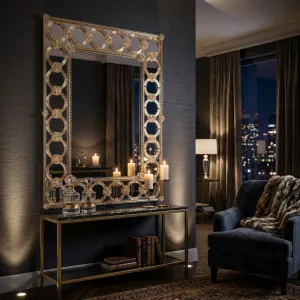 Luxury Rectangular Baroque Wall Mirror with Decorative Champagne Gold Glass Ring Frame Lifestyle View by Luxury Group International
