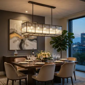 Luxus Rechteckiger Kronleuchter mit schwarzem Metallrahmen und eleganten Glaspaneelen Lifestyle-Ansicht von Luxury Group International