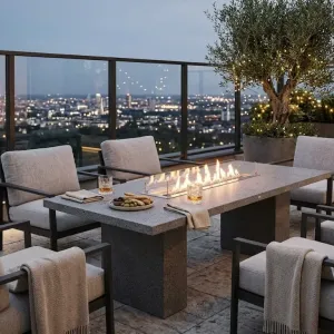 Luxury Rectangular Concrete Fire Pit Table for Modern Outdoor & Indoor Living Lifestyle View by Luxury Group International