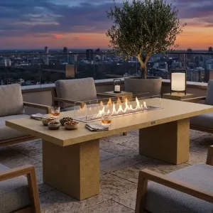 Luxury Rectangular Concrete Fire Pit Table for Modern Outdoor & Indoor Living Lifestyle View by Luxury Group International