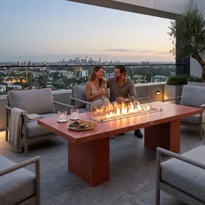 Luxury Rectangular Concrete Fire Pit Table for Modern Outdoor & Indoor Living Lifestyle View by Luxury Group International