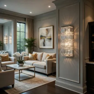 Luxury Rectangular Crystal Wall Light in Chrome Finish with dangling prism strands Lifestyle View by Luxury Group International