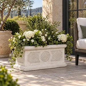Luxury Rectangular Garden Planter with Circular Medallion Relief - Luxury Planters Lifestyle View by Luxury Group International