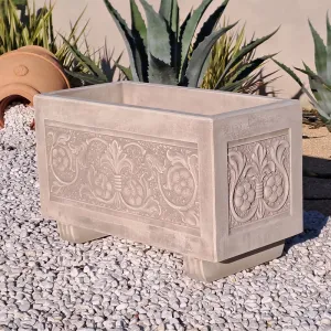 Luxury Rectangular Garden Planter with Framed Floral Relief Panels - Luxury Planters Front View by Luxury Group International