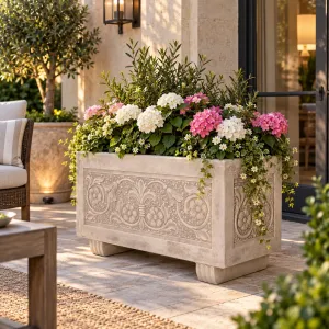 Luxury Rectangular Garden Planter with Framed Floral Relief Panels - Luxury Planters Lifestyle View by Luxury Group International