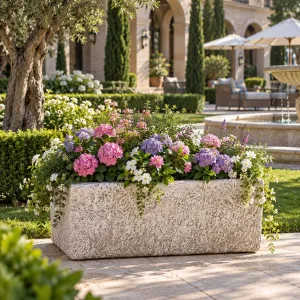 Luxury Rectangular Garden Planter with Rustic Textured Finish - Luxury Planters Lifestyle View by Luxury Group International