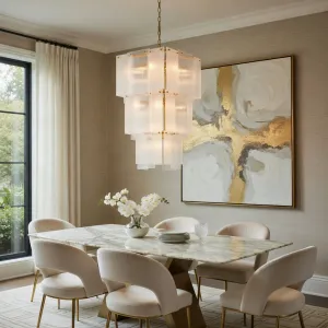Luxury Rectangular Tiered White Glass Chandelier – Modern Pendant Ceiling Lamp Lifestyle View by Luxury Group International
