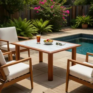 Luxuriöser rechteckiger Outdoor-Esstisch mit weißer Marmorplatte und abgerundeten Holzbeinen Lifestyle-Ansicht von Luxury Group International