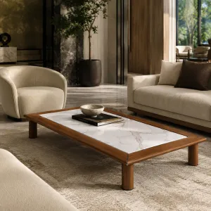 Table Basse Rectangulaire en Bois de Luxe avec Plateau en Marbre Blanc Vue lifestyle par Luxury Group International