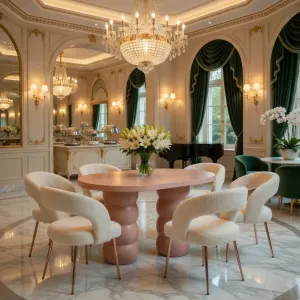 Luxury Red Oval Pedestal Dining Table for Modern Designer Dining Spaces Lifestyle View by Luxury Group International