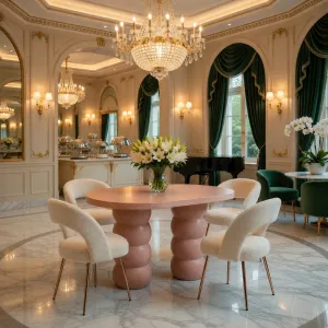 Luxury Red Oval Pedestal Dining Table for Modern Designer Dining Spaces Lifestyle View by Luxury Group International
