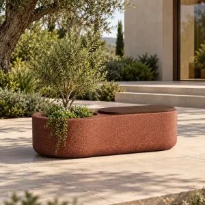Luxury Reddish Brown Oval Outdoor Planter with Integrated Dark Wooden Seating - Plant Stand Lifestyle View by Luxury Group International