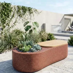 Luxury Concrete Reddish Brown Oval Outdoor Planter with Natural Wooden Seating - Outdoor Furniture Lifestyle View by Luxury Group International