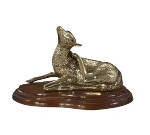 Luxury Resting Deer Bronze Sculpture on Polished Wooden Base Front View by Luxury Group International