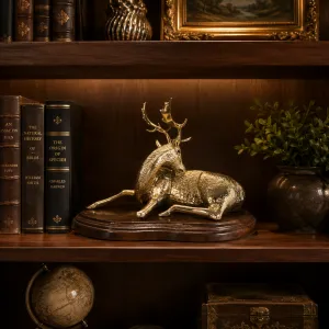 Luxury Resting Stag Bronze Sculpture with Sculpted Antlers on Wooden Base Lifestyle View by Luxury Group International