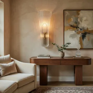 Luxury Ribbed Glass Wall Sconce with Gold Accent and Contemporary Design Lifestyle View by Luxury Group International