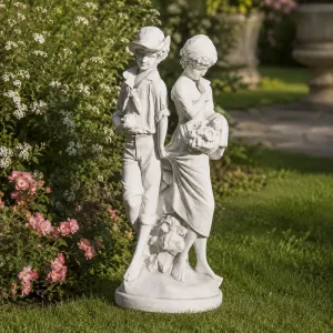 Luxury Romantic Couple Garden Sculpture with Flower Basket Detail - Luxury Classic Sculpture Front View by Luxury Group International
