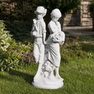 Luxury Romantic Couple Garden Sculpture with Flower Basket Detail - Luxury Classic Sculpture Lifestyle View by Luxury Group International