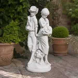 Luxury Romantic Couple Garden Sculpture with Flower Basket Detail - Luxury Classic Sculpture Lifestyle View by Luxury Group International