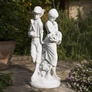 Luxury Romantic Couple Garden Sculpture with Flower Basket Detail - Luxury Classic Sculpture Lifestyle View by Luxury Group International