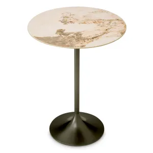Tavolo da bar rotondo di lusso con piano in marmo bianco e base a piedistallo scultorea – 106,5 cm - Arredamento di lusso Vista frontale di Luxury Group International