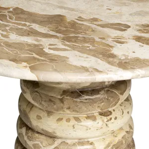 Round Beige Marble Coffee Table with Sculptural Pedestal Base - Luxury Hotel Furniture Detail View by Luxury Group International