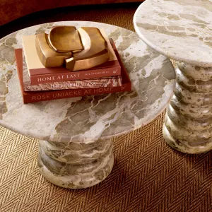 Round Beige Marble Coffee Table with Sculptural Pedestal Base - Luxury Hotel Furniture Lifestyle View by Luxury Group International