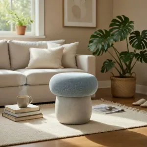 Taburete Redondo Azul Tapizado de Lujo con Base Escultural de Hormigón Blanco Vista lifestyle por Luxury Group International