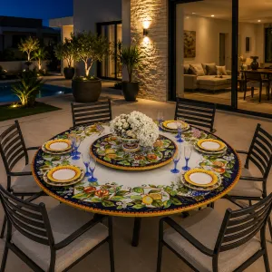 Luxus Runder Keramik Lazy Susan Gartentisch mit Handbemaltem Fruchtmotiv Lifestyle-Ansicht von Luxury Group International