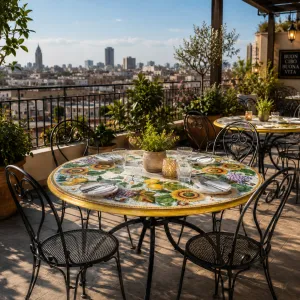 Luxus Runder Keramik-Außentisch mit Handbemaltem Sonnenblumen-Zitronen-Motiv Lifestyle-Ansicht von Luxury Group International