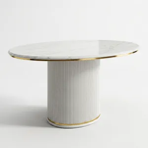 Luxury Round Coffee Table with Fluted Pedestal Base & Marble-Effect Top in Brushed Gold Finish Front View by Luxury Group International