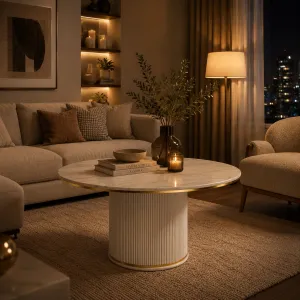 Luxury Round Coffee Table with Fluted Pedestal Base & Marble-Effect Top in Brushed Gold Finish Lifestyle View by Luxury Group International