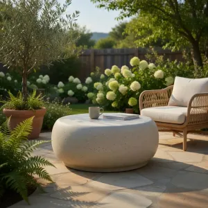 Table Basse Ronde de Luxe au Design Sculptural Imitation Pierre Vue lifestyle par Luxury Group International