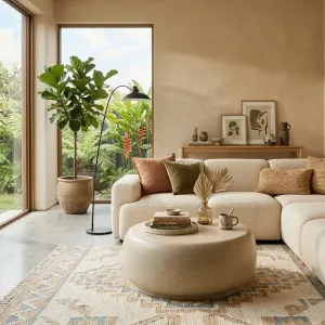 Table Basse Ronde de Luxe au Design Sculptural Imitation Pierre Vue lifestyle par Luxury Group International