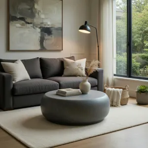 Table Basse Ronde de Luxe au Design Sculptural Imitation Pierre Vue lifestyle par Luxury Group International